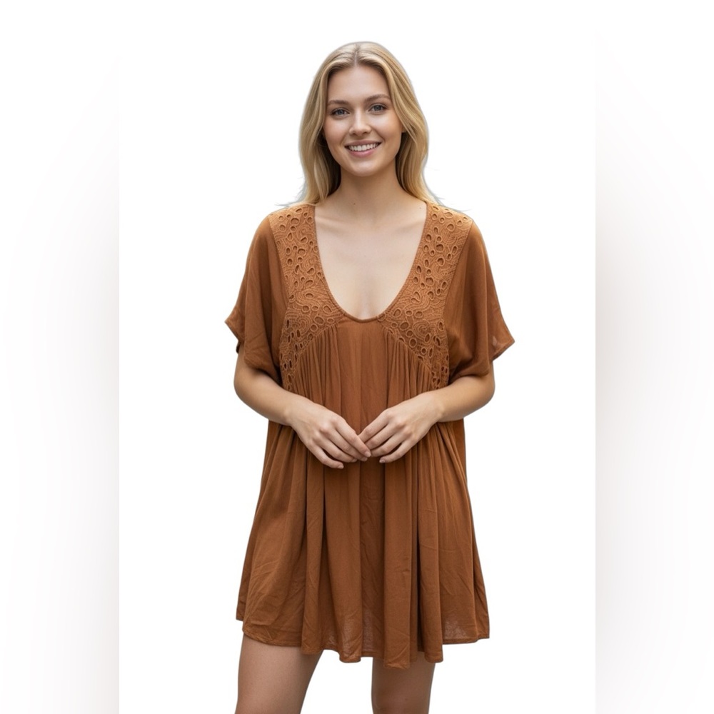 Mango 🍒 Tan Hippy Boho Summer Long Top, Swim Coverup Or Mini Dress